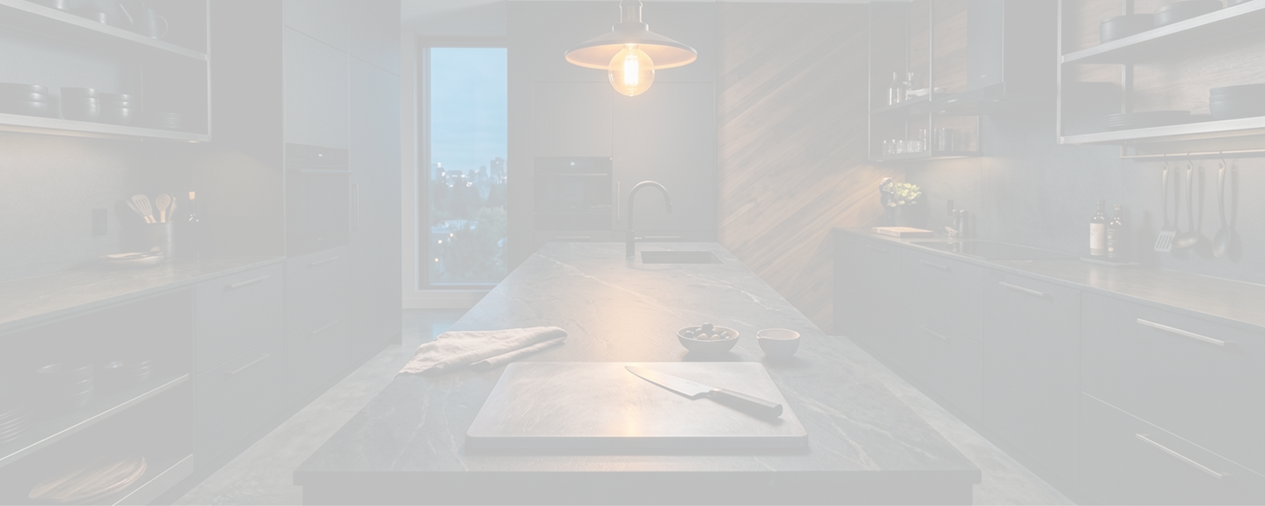Dark kitchen counter with titanium cutting board