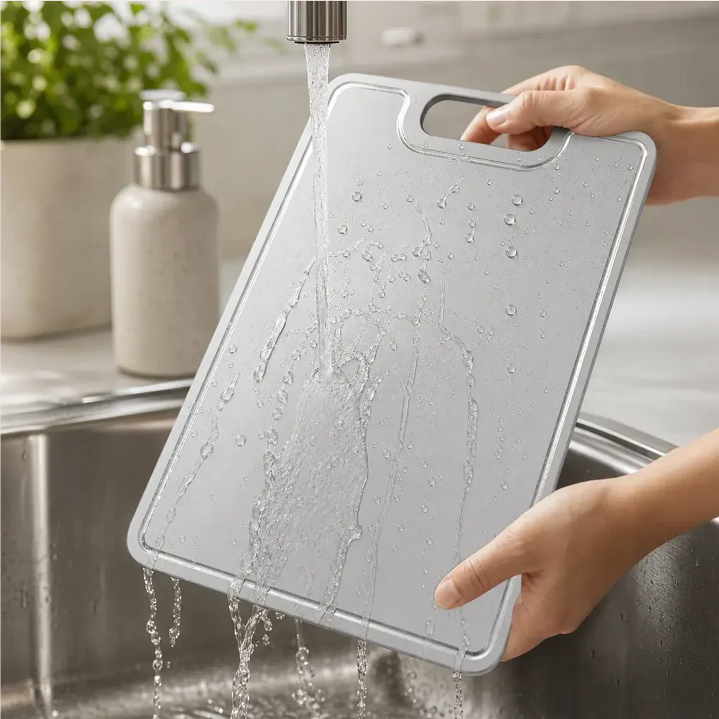 Hands holding a titanium cutting board